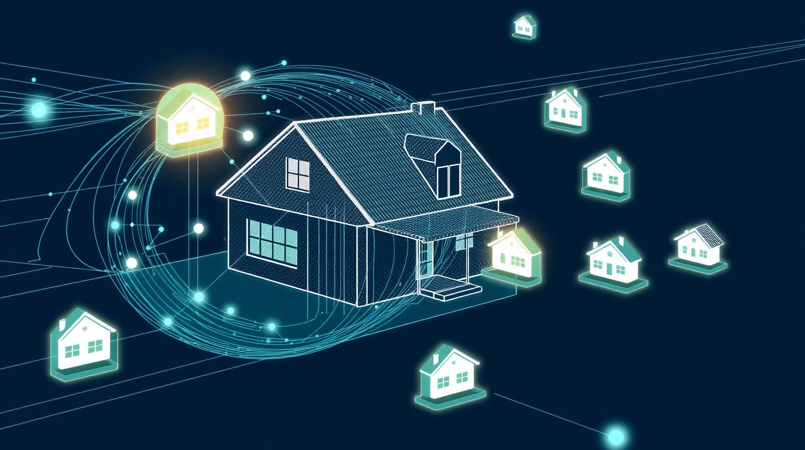 Computer vision scan of a stylized house with floating comparable property thumbnails, illustrating AI-powered BPO extraction for REO assets