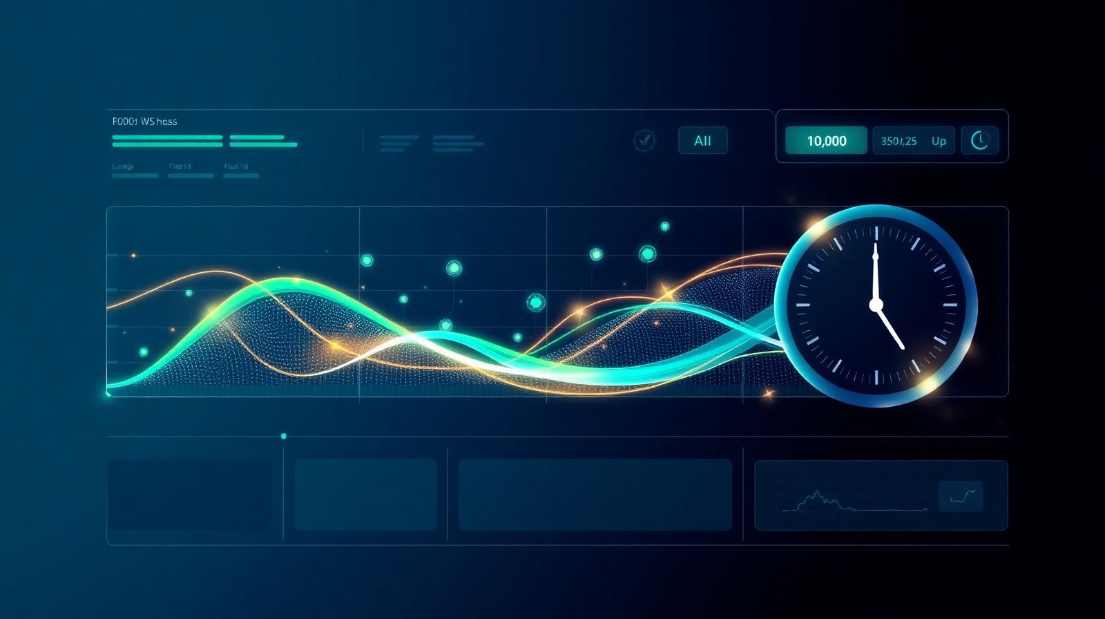 Stylized REO asset management dashboard with a glowing data wave and stopwatch, illustrating AI-powered REO processing time savings