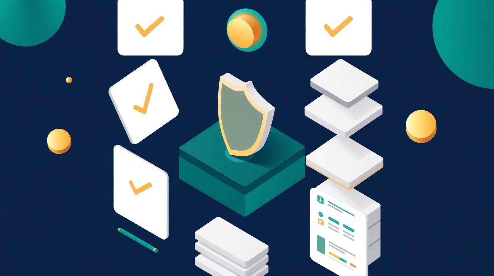 Isometric illustration of layered platform cards, checkmarks, and a compliance shield, illustrating a default servicing platform buyer's guide