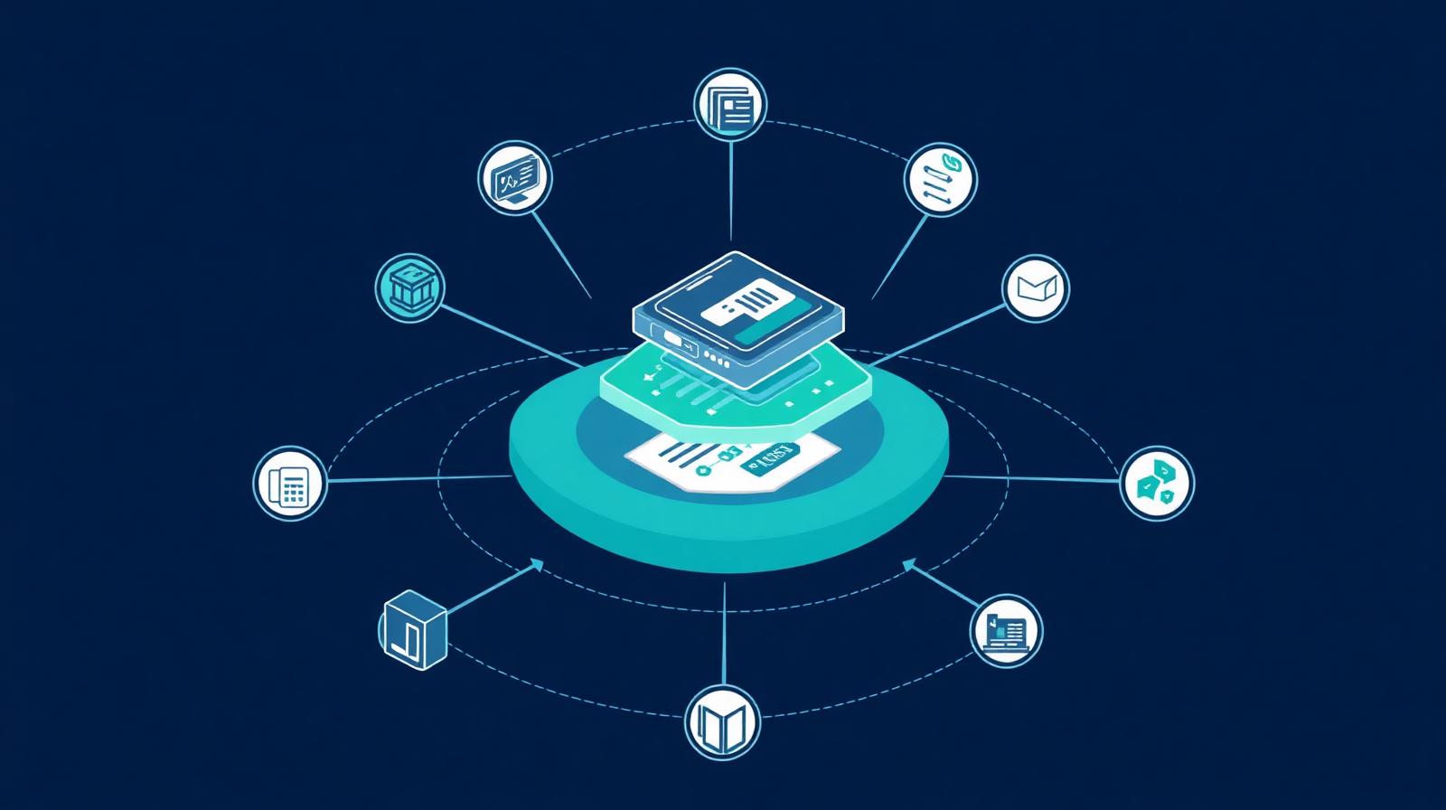 Layered platform diagram with orbiting workflow icons, illustrating the modern REO broker tech stack for 2026