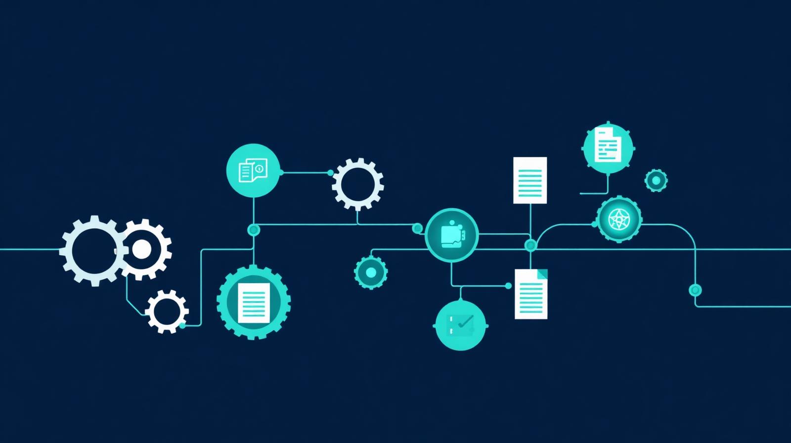 Abstract automation diagram with connected gears and document nodes, illustrating REO workflow automation for lenders and servicers